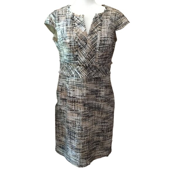Ellen Tracy Beige & Navy Textured Cap Sleeve Dress Size 12 - Picture 1 of 8